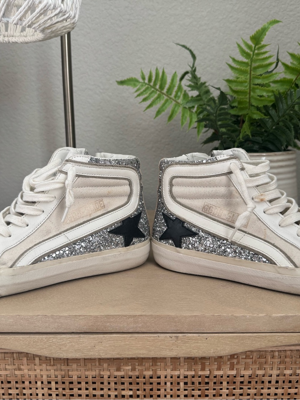 EUC Golden Goose Slide High-Top Sneakers with Silver Glitter Accents Black Star - Picture 2 of 13
